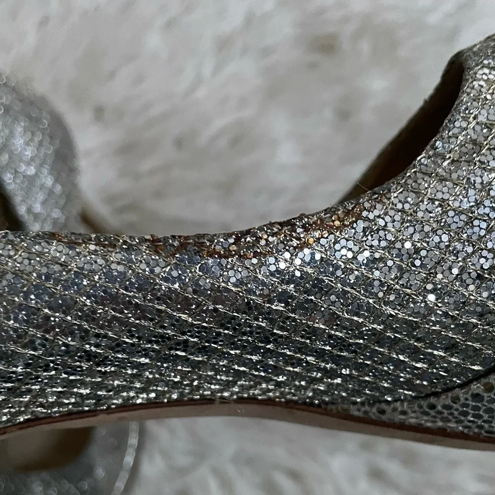 Jimmy Choo Silver Metallic Champagne Lamè Fabric Leather Alex Platform Pumps EUC